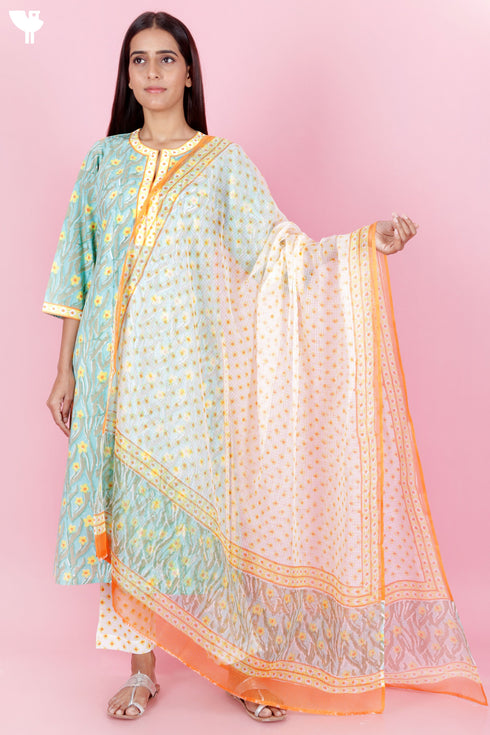 Bizzy Lizzy Kurta Pant Set With Dupatta In Block Print